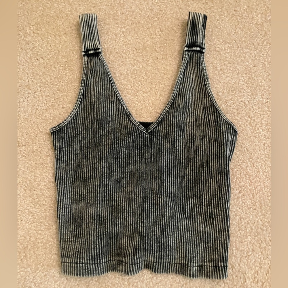 Vintage Washed Black Ribbed V-Neck Tank